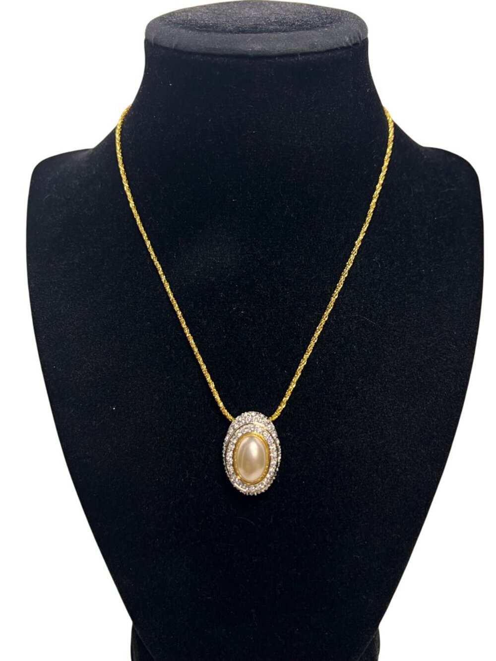 Nolan Miller Gold Tone Necklace W/ Faux Pearl And Clear Rhinestone Pendant (6306